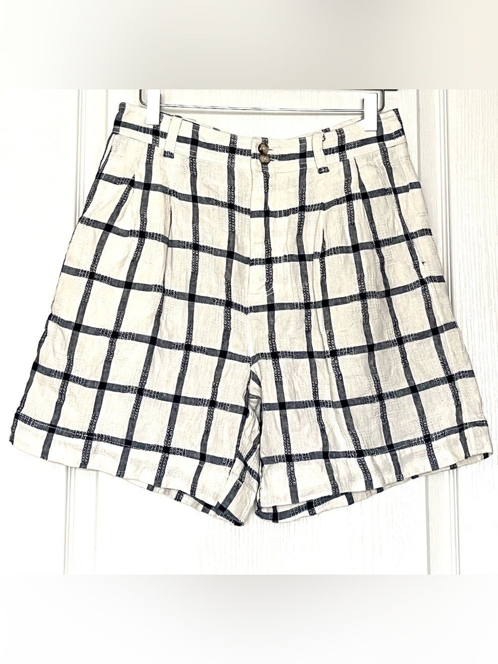 NWT Madewell Linen Cotton Pleated Mid Length Shorts Windowpane Plaid Size 4